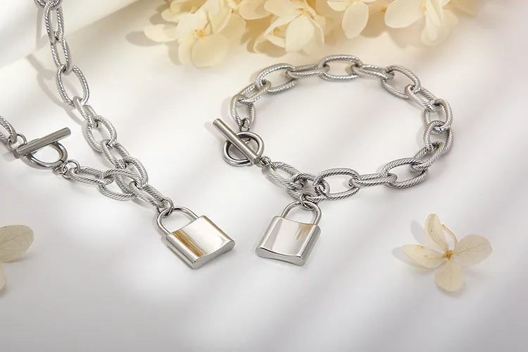 Lock Charm Necklace and Bracelet Set